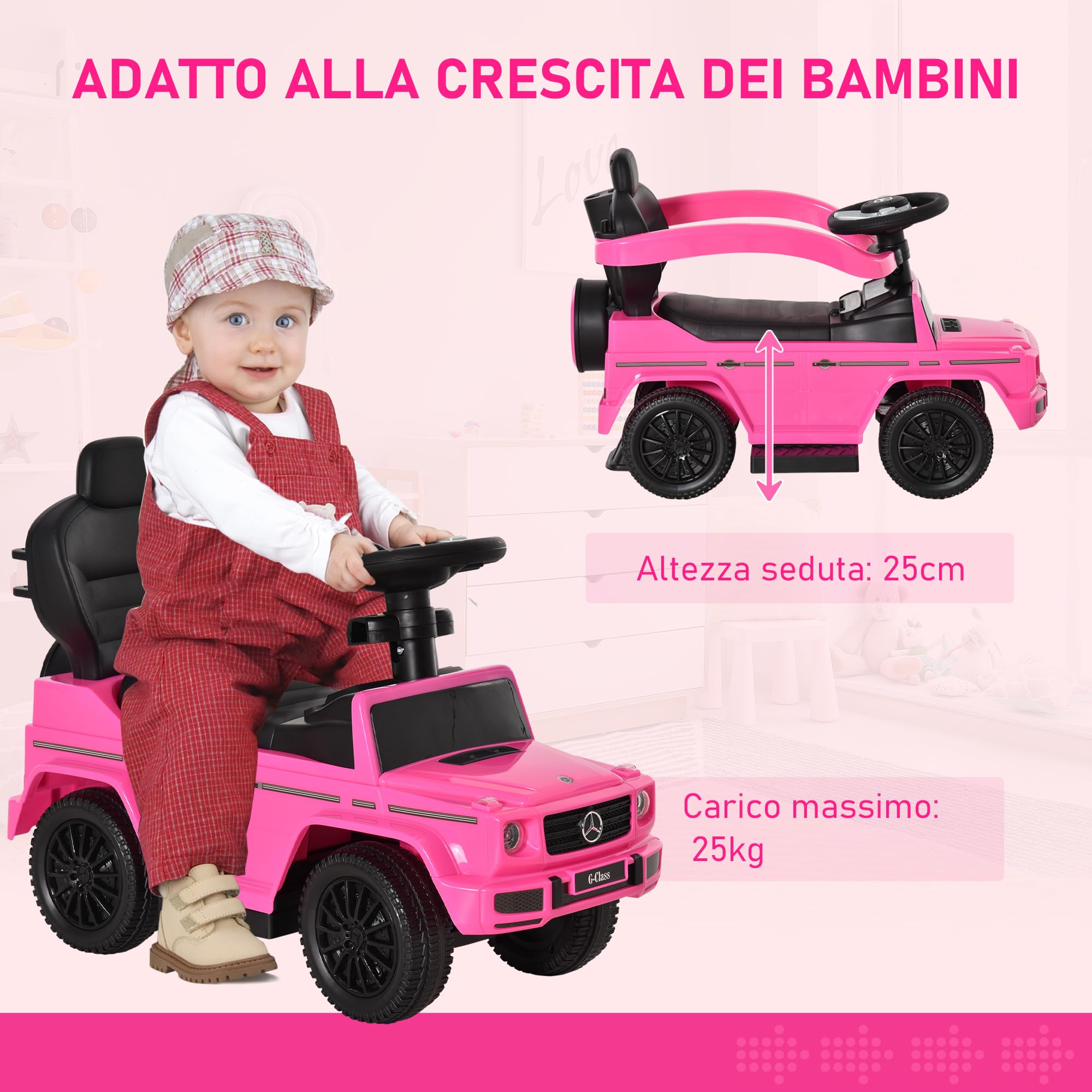 HOMCOM Macchina a Spinta per Bambini 12-36 Mesi con Licenza Mercedes-Benz G350, Giocattolo Macchina Cavalcabile con Tettuccio e Maniglia di Spinta, 85.5x40.5x95 cm, Rosa