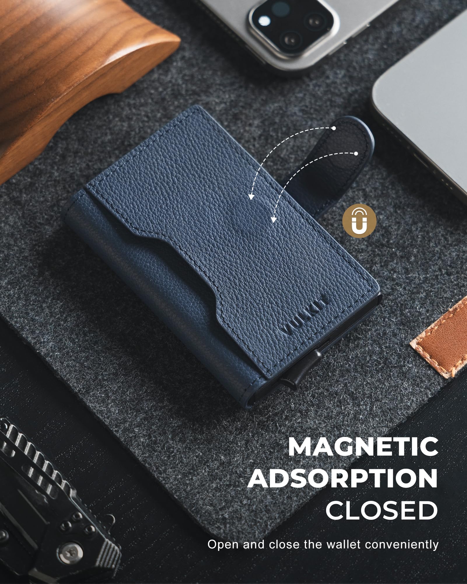 VULKIT Tarjetero Hombre Piel Genuino RFID Bloqueo con Cierre Magnético Carteras para Hombre Metalico Porta Tarjetas con 3 Ranuras y 1 Ventana DNI, Litchi Azul Marino