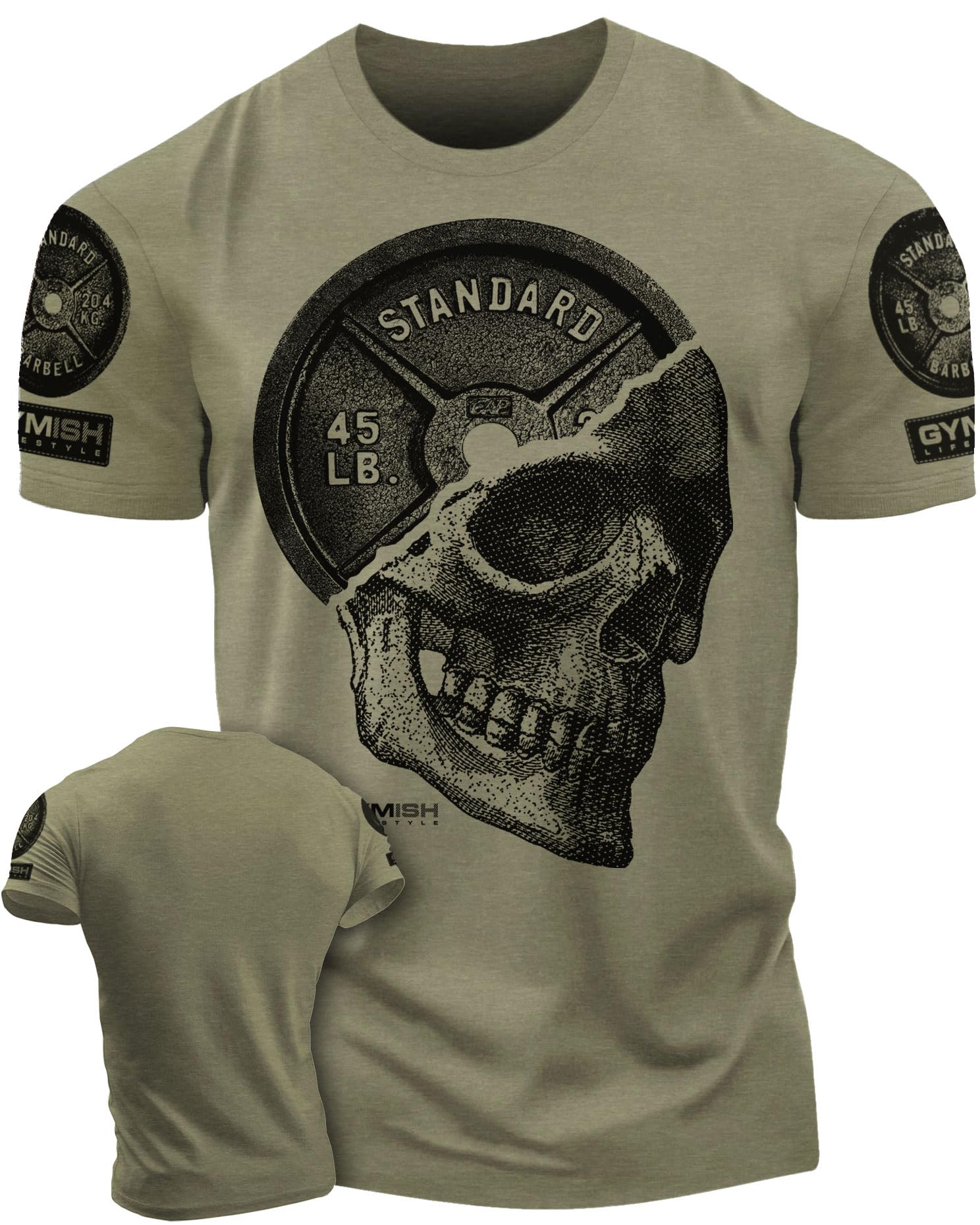 Gymish Lifestyle Skull Plate Gym Shirt, Work Out Deadlift Skull T-Shirt for Men (XXL, SkullPlate Military Green Branded)