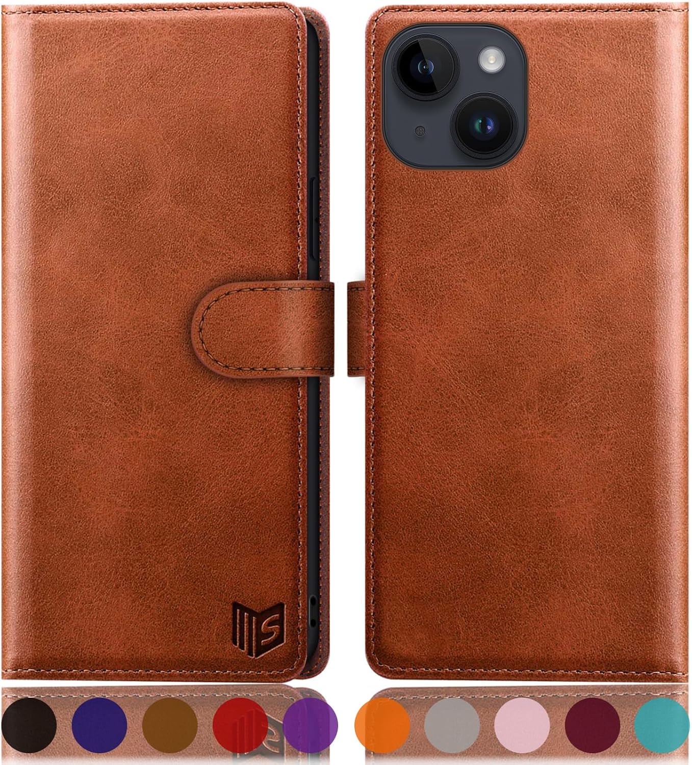 SUANPOT Design for iPhone 15 6.1" Kickstand Protective Wallet case with RFID Credit Card Holder,Flip Folio Book PU Leather Shockproof Cover Women Men for Apple 15 Phone case Light Brown