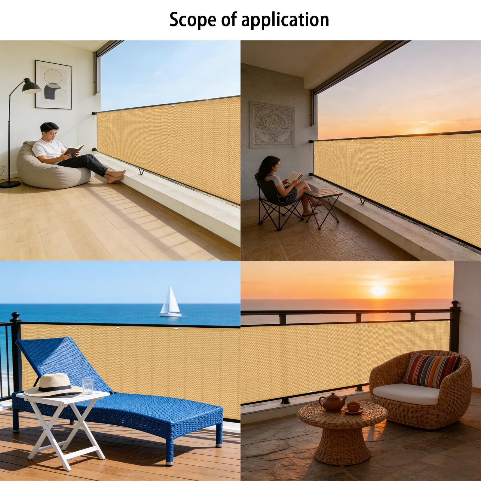 Telo Balcone 130 x 750 cm in HDPE 220G ㎡, Permeabile, Anti-Uv, Frangivento, Protezione Solare, Copertura Balcone Ringhiera con Fascette e Funi para Jardín Exterior, Giallo sabbia