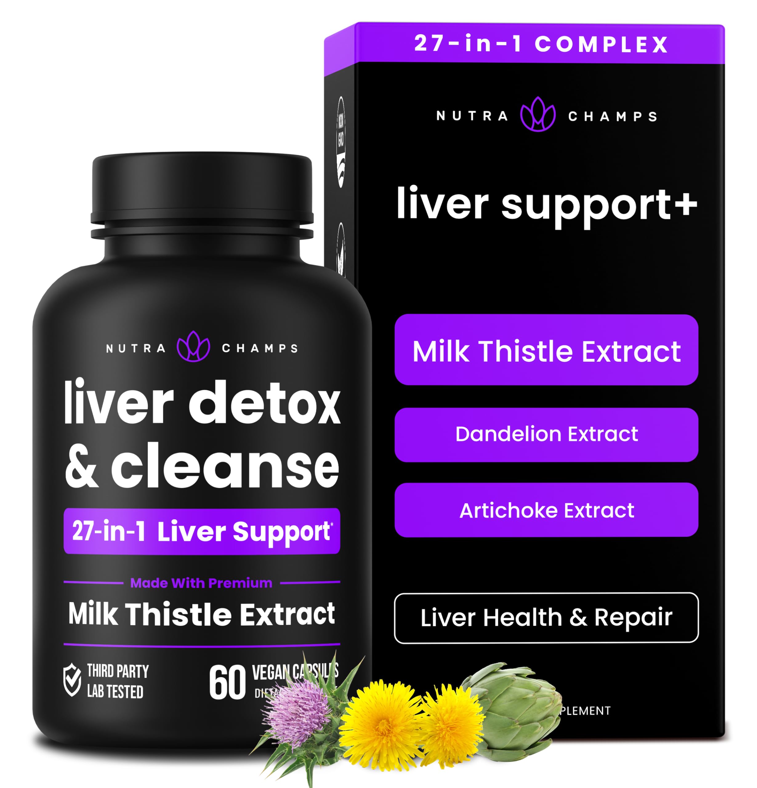 Liver Cleanse Detox & Repair Formula | 25+ Herbs: Milk Thistle Extract with Silymarin, Artichoke, Dandelion, Chicory Root Powder & More! | Premium Liver Support Pills Supplement, 60 Capsules