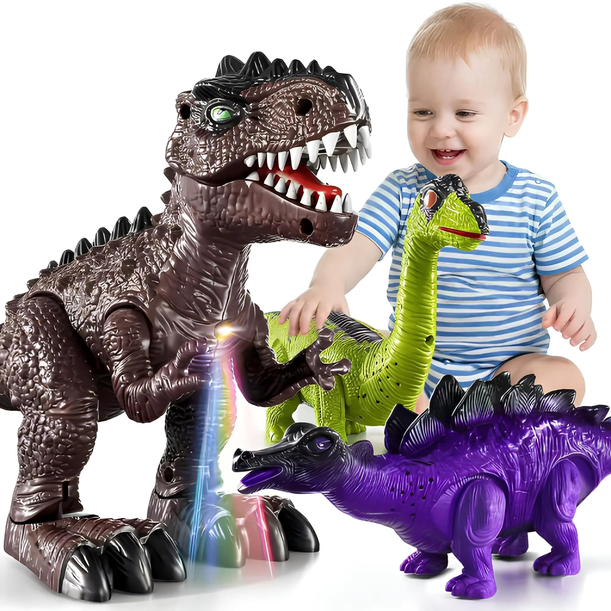 Doloowee Juguete de dinosaurio para niños de 3 – 5/5 – 7 años, juego de 3 robots eléctricos de dinosaurio con luces LED y sonidos, juguete de dinosaurio para niños y niñas