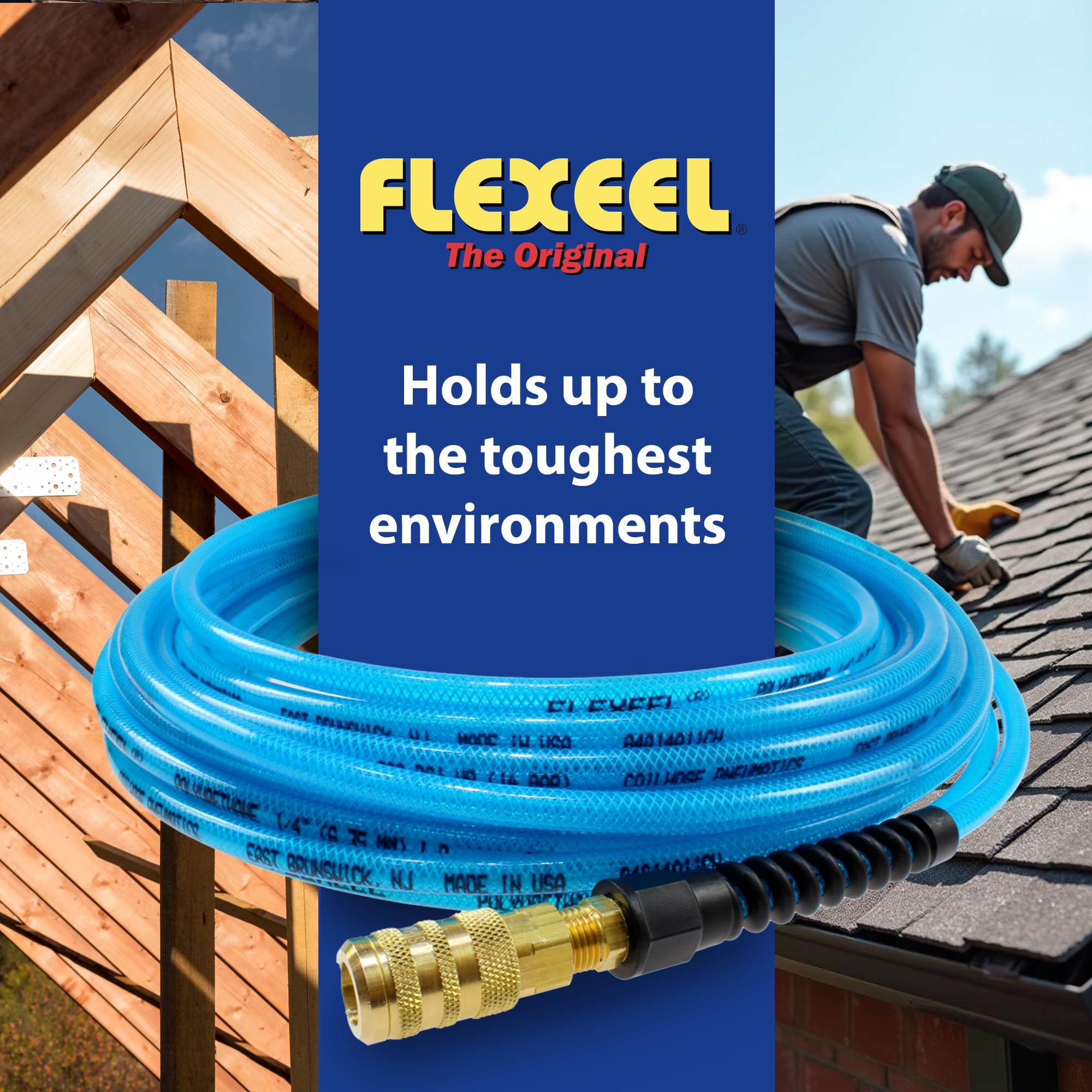Coilhose Pneumatics PFE4100TS15X Flexeel - Manguera de aire reforzada de poliuretano, diámetro interior de 1/4 pulgadas, longitud de 100 pies con acoplador y conector industrial de 1/4 pulgadas, azul