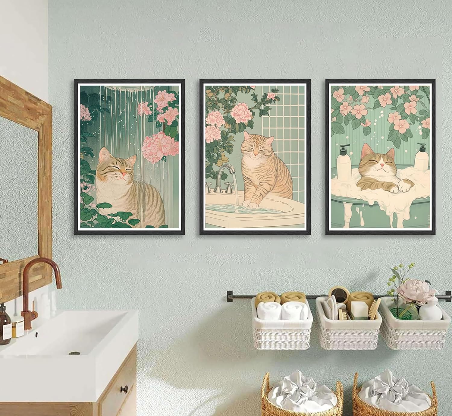 3Pcs Cute Funny Japanese bathroom Cat Canvas Wall Art plant flower Tabby Cat Posters Prints paintings Vintage Japan Toilet Wall Decor Pictures for Bathroom Toilet Home Decoration Unframed - Image 6