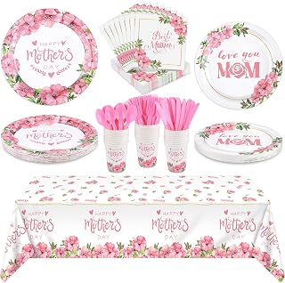 durony Happy Mother's Day Party Supplies Tableware Set Serve 24 Guests Tablecloth Paper Plates Cups Napkins Utensils Disposable Dinnerware Favors Birthday Party Decorations for Mother's Day