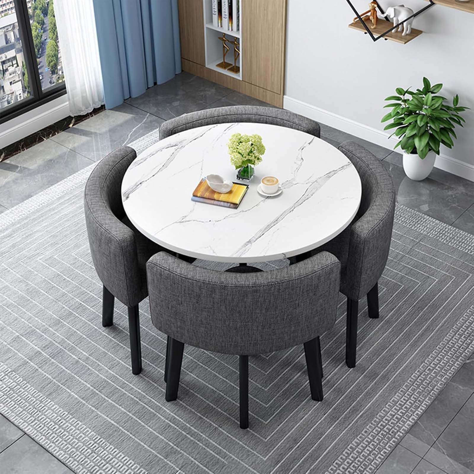 WOTZOV Modern Round Square Dining Table Set With 4 Chairs Wooden Conference Table & Reception Set 80Cm/31.5In Kitchen Furniture Ensemble,F 80cm/31.5in