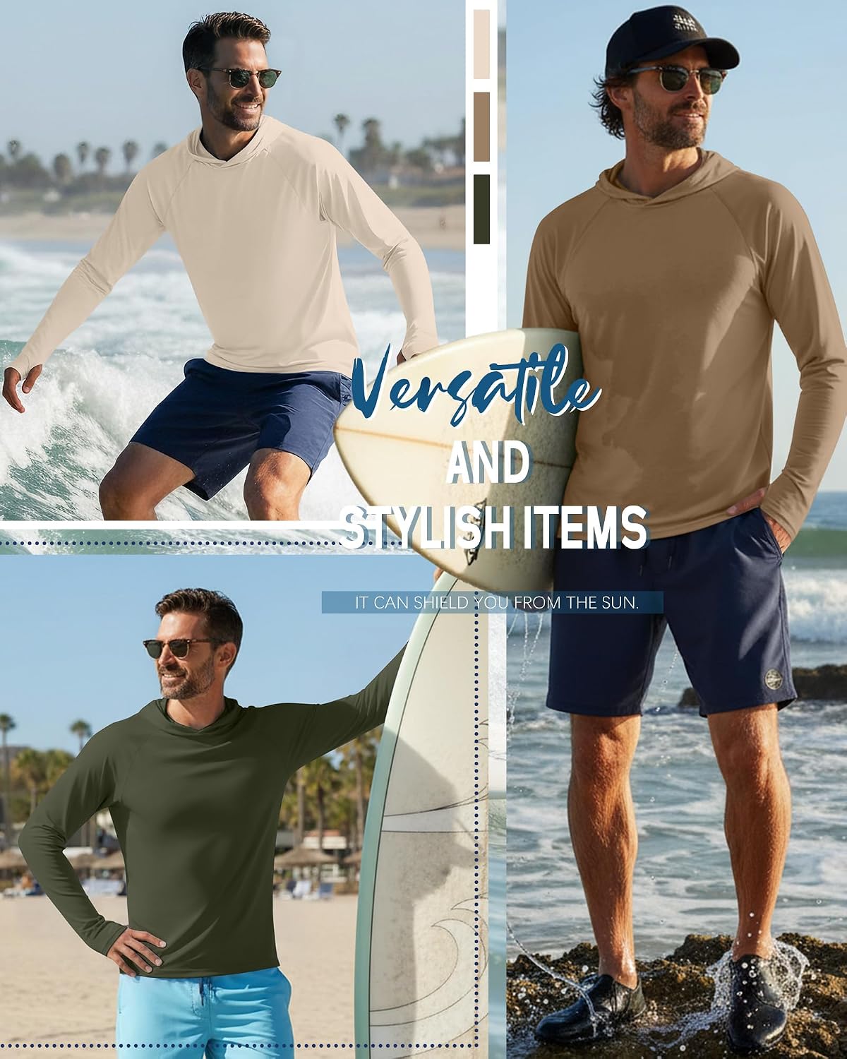 Locoowai 3 Pack Men's Sun Protection Hoodies Long Sleeve Quick Dry Fishing Shirts Lightweight Swim Workout Rash Guards
