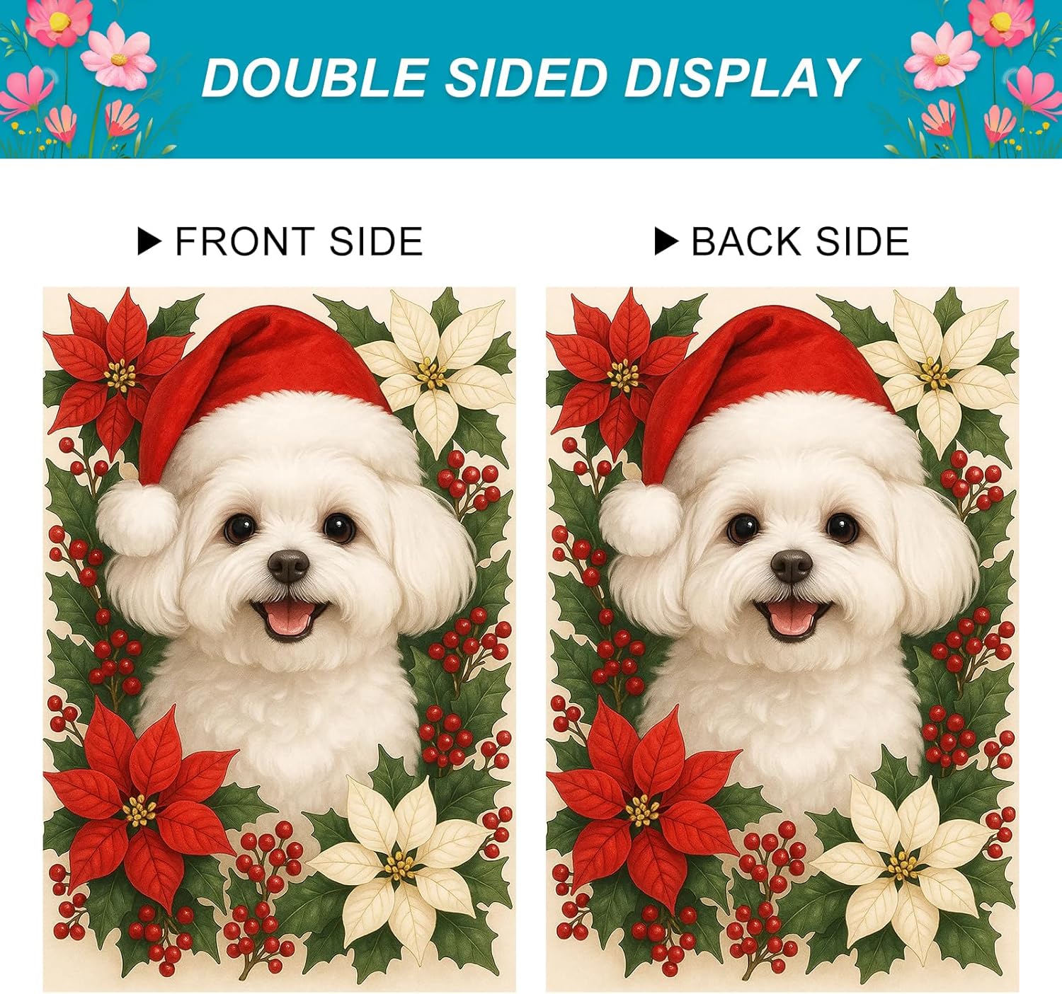 Merry Christmas House Flag White Bichon Frise Garden Flag 28x40 Inch Double Sided Holiday Decoration Banner for Outdoor Yard Seasonal Winter House Christmas Garden Decor - Image 4