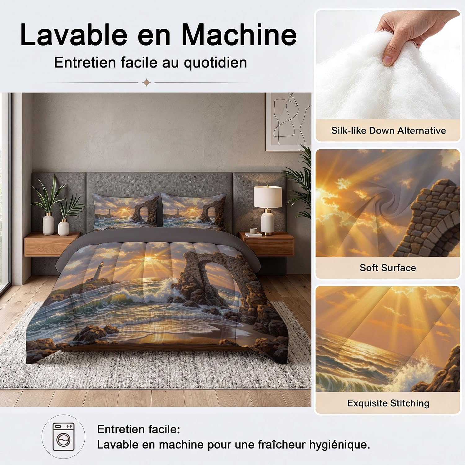 Realistic Landscape Comforter Set Full Size, Sunset Lighthouse Beach Print Breathable Bedding Set for Girls Boys Teens, Orange Gold Quilt Duvet with 2 Pillow Cases