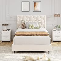 Vista 1 de GAOMON Base de cama tapizada tamaño individual, color beige, base de cama de plataforma resistente con cabecera tapizada y listones de madera