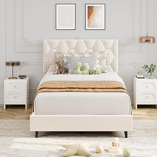 Miniatura 18 de GarveeHome Base de cama de plataforma tamaño Queen con cabecera tapizada y soporte de listones de madera, base de colchón tapizada, no necesita