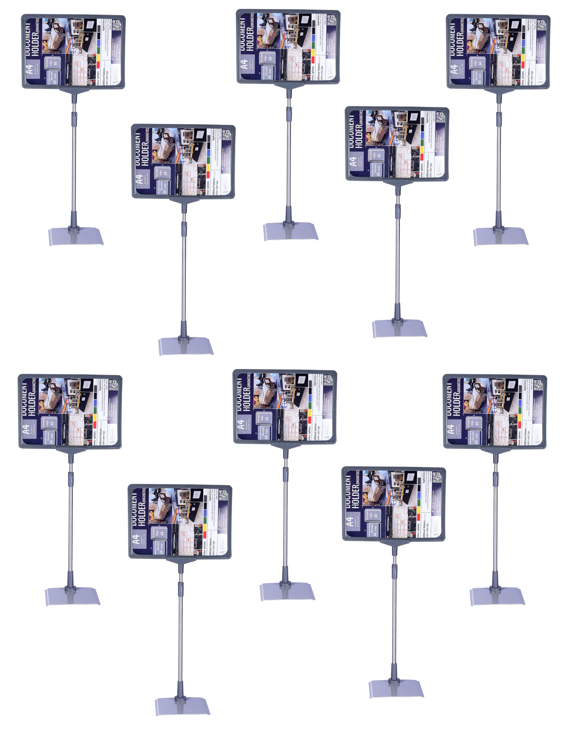 Infomate Plastic A4 Fra Display Floor Stand, Adjustable Pedestal Poster Portrait and Landscape Sign Holder Billboard - A4 Size, Grey (Pack of 10, Floor Mount)