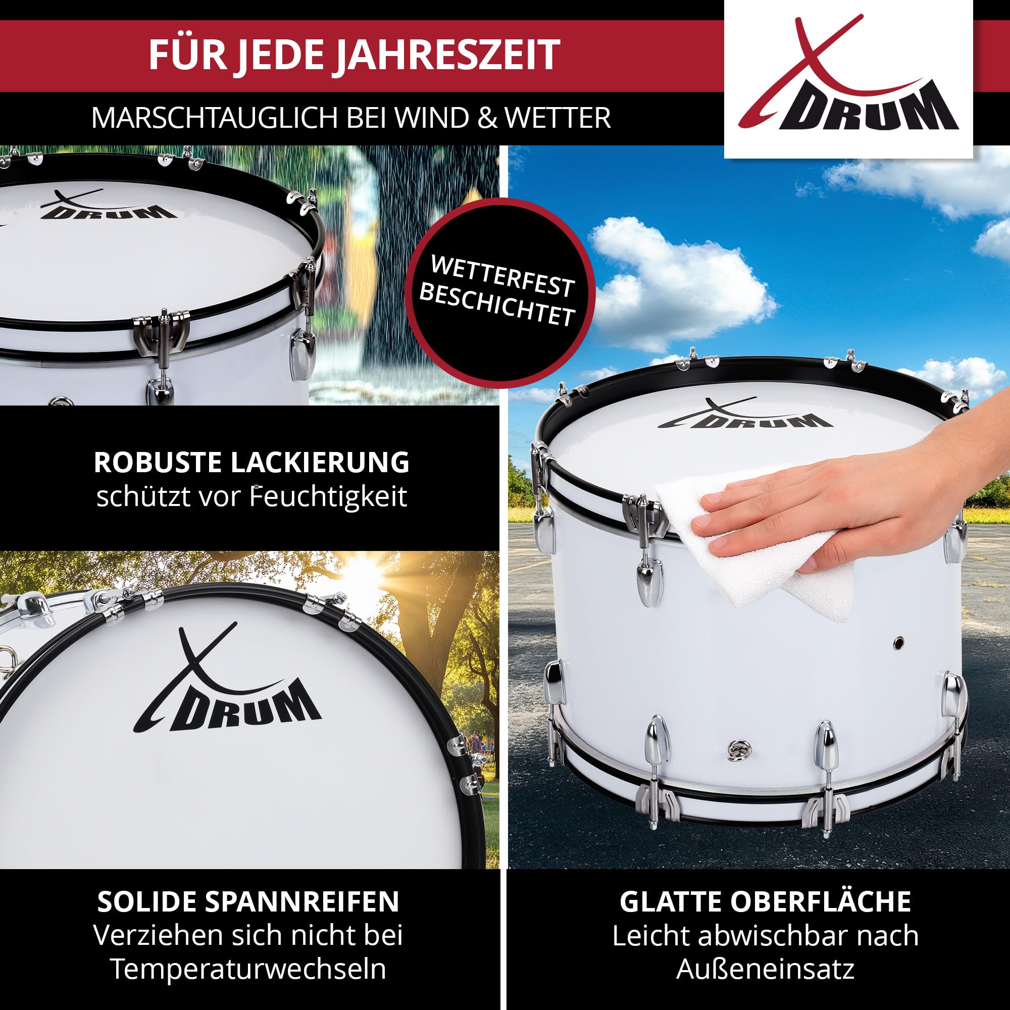 XDrum MBD-224 Cassa da Marcia 24" x 12" - grande cassa da marcia - 8,5 kg - 4 occhielli di fissaggio - 8 viti di tensione per lato - incl. mazzuoli, tracolle e chiave di accordatura - bianco