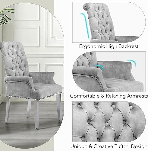 Miniatura 11 de LOULENS Lujosas sillas de comedor de terciopelo, modernas sillas de comedor tapizadas copetudas, reposabrazos con patas de acero inoxidable para