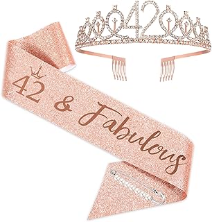 42th Birthday Sash and Tiara for Woman, Rose Gold Birthday Sash Crown 42 & Fabulous Sash and Tiara for Woman, 42th Birthday Gifts for Happy 42th Birthday Party Favor Supplies