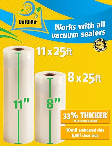 Miniatura 9 de Rollos selladores al vacío de 8 y 11 pulgadas y 25 pies (2 de cada uno, 100 pies en total) Las bolsas selladoras al vacío OutOfAir funcionan con