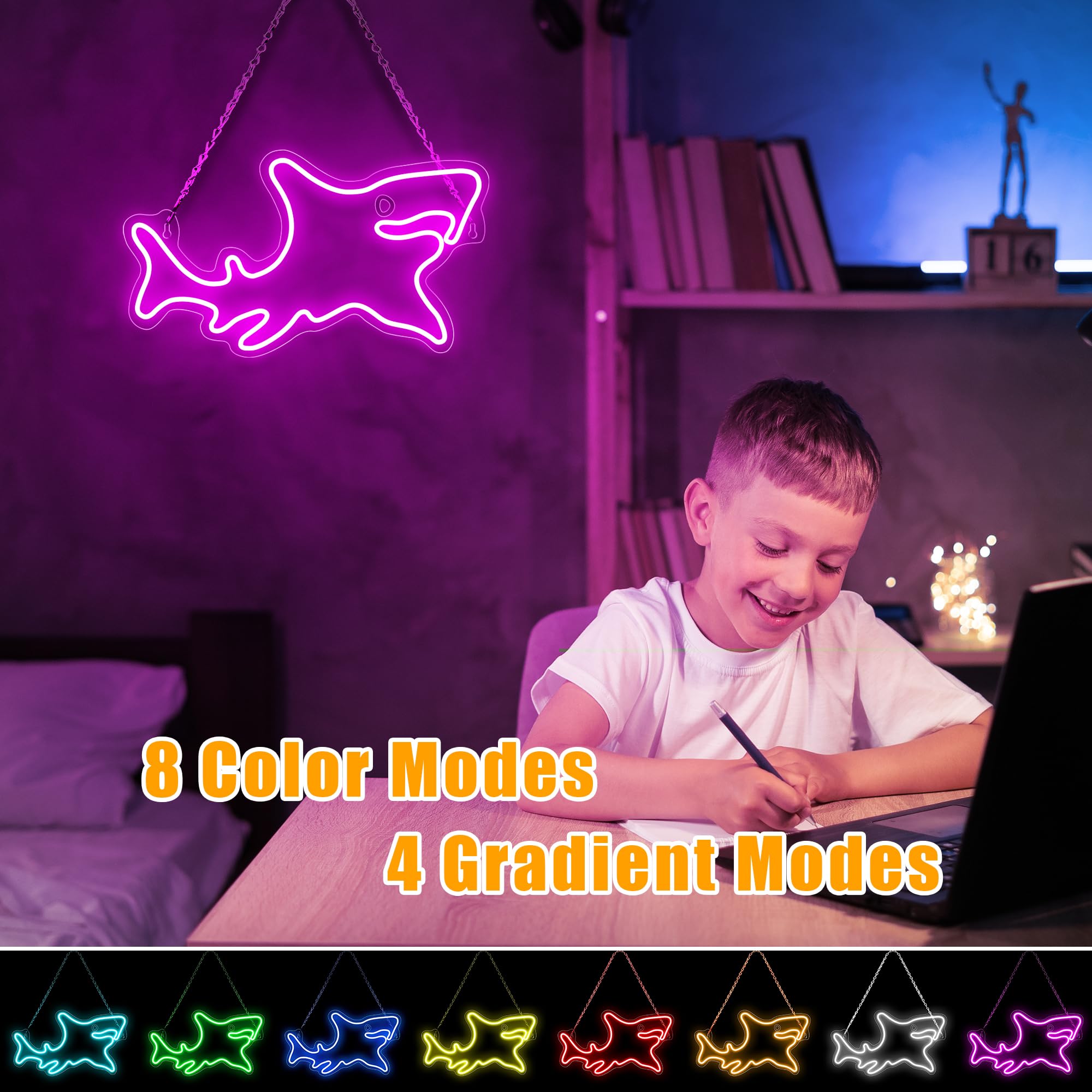 Elstey Letrero de neón de tiburón, luces LED RGB de neón con control remoto, luces acrílicas de tiburón para decoración de pared, letrero iluminado para regalos de Navidad, dormitorio, decoración de