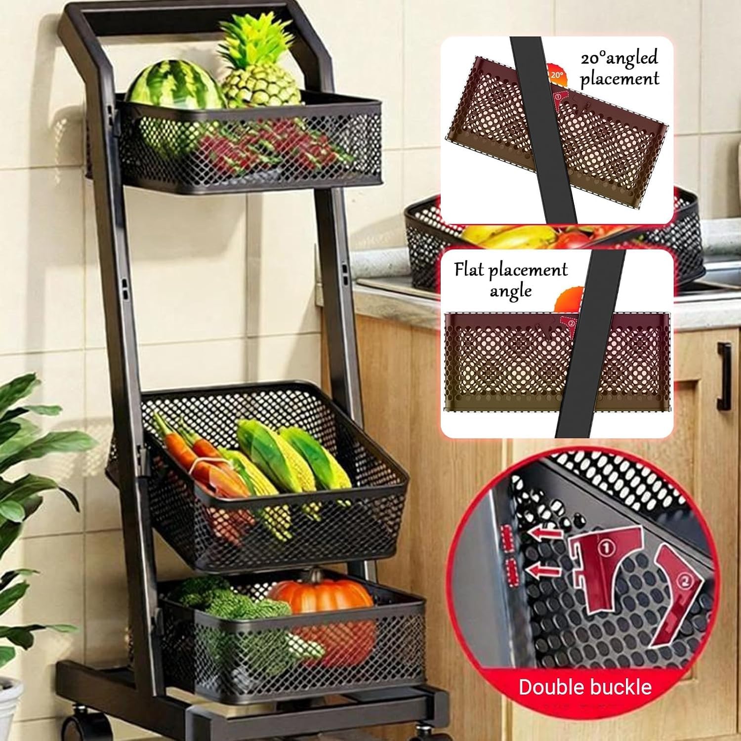 KEhtu Estantería Móvil Multinivel para Frutas Y Verduras con Ruedas, Organizador De Aperitivos De Pie con Cestas, Carrito Rodante De Supermercado con Estantes para White 3-Tier-35.5x40.5x96cm