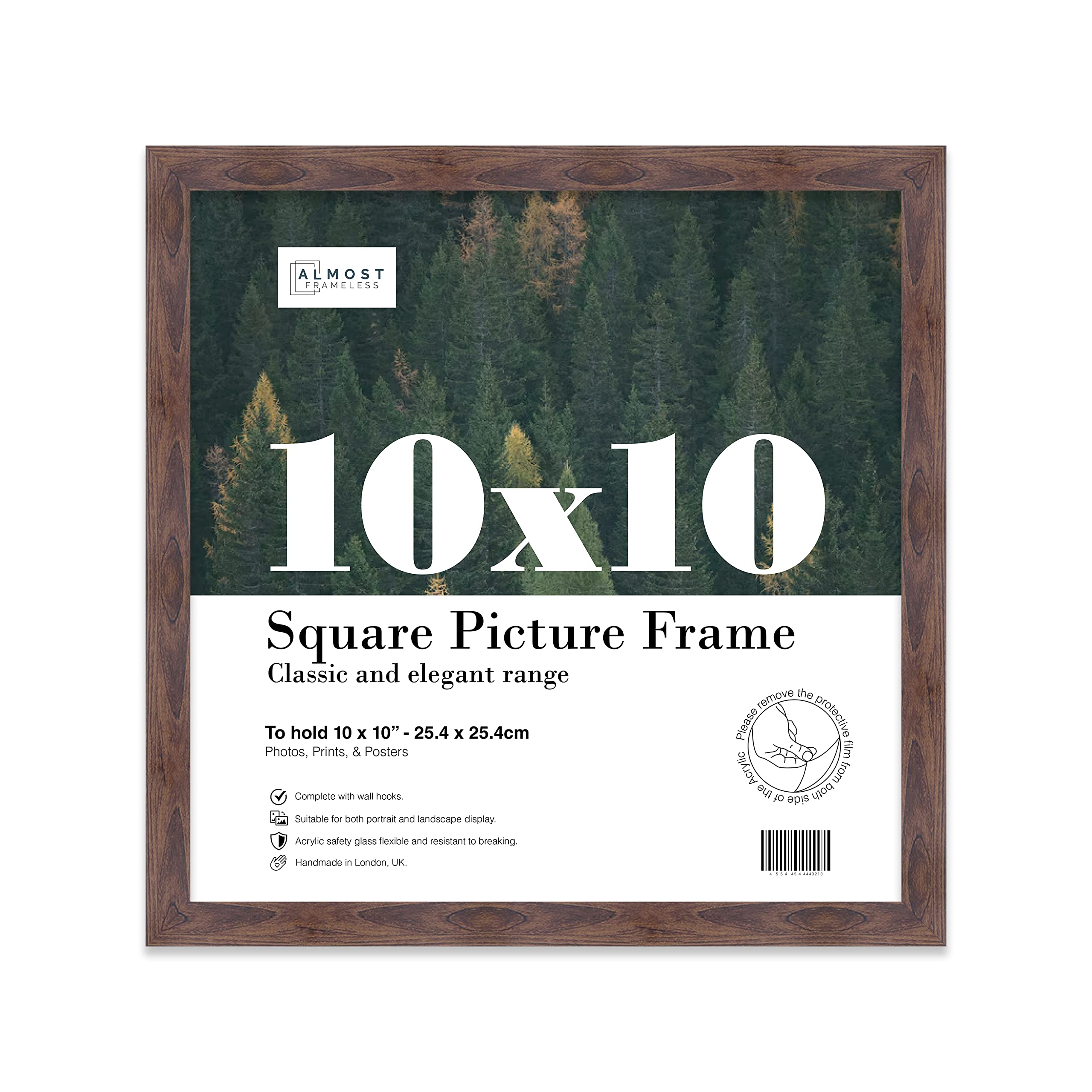 Almost Frameless 10x10 Walnut Picture Frame 10"x10"(25.4x25.4cm) Poster, Photo, Artwork, or Print. Thin Edge Slim Frame Portrait and Landscape Display with Wall Hooks