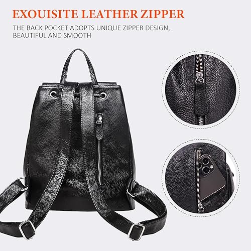 Miniatura 5 de Mochila de cuero para mujer bolso de cuero genuino con diseño multiusos, bolsos de hombro para mujer, mochila de viaje, Negro -, Mochilas Daypack