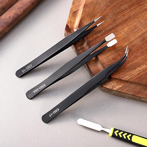 Miniatura 7 de Juego de pinzas de precisión de 11 piezas, juego de pinzas ESD, kit de pinzas para manualidades de primera calidad, pinzas de acero inoxidable