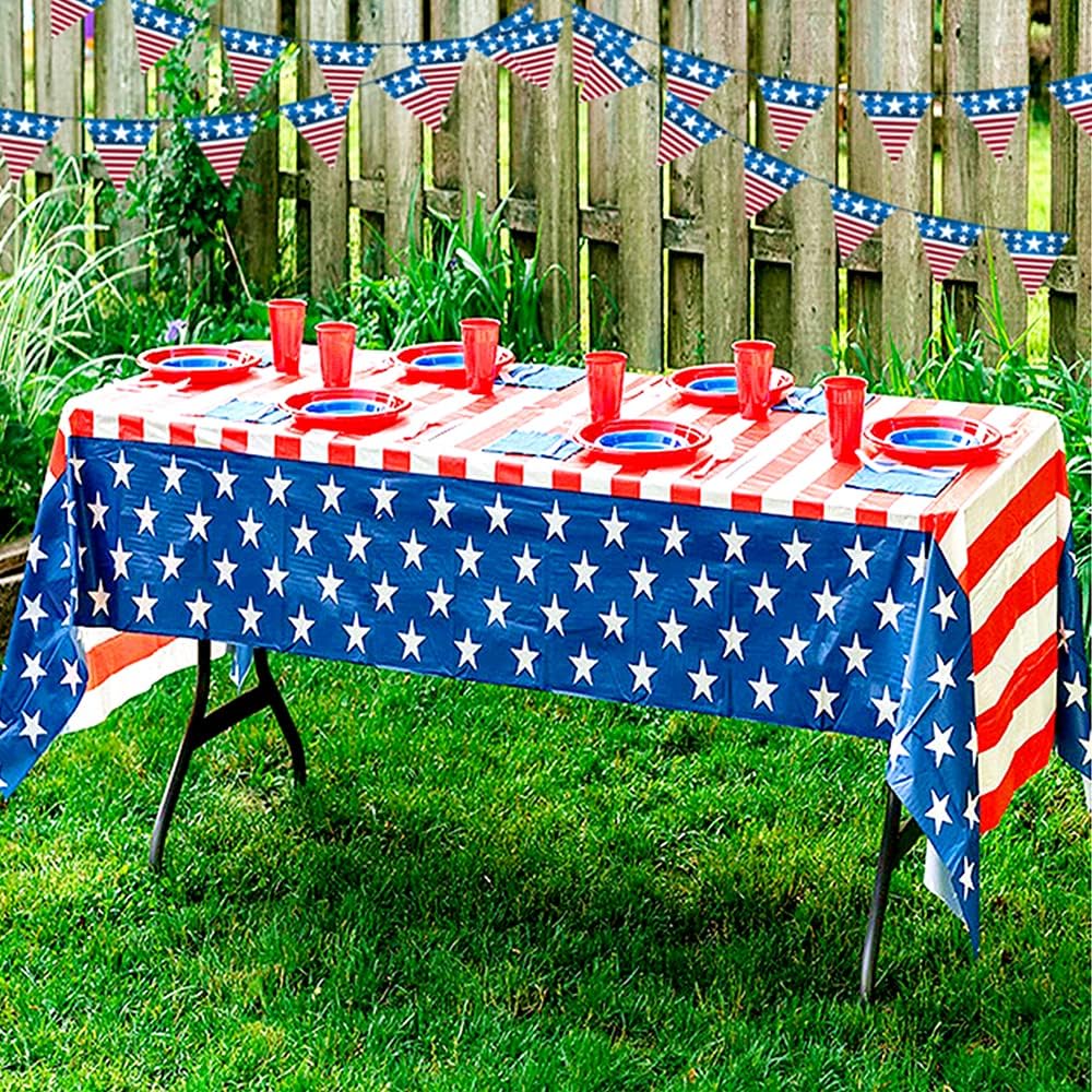 3 Pack American Flag Table Covers, 4th of July Tablecloth Plastic Stars and Stripes Patriotic Table Cover for Patriotic Party Supplies Independence Day Decoration Party, 54 x 108 Inch