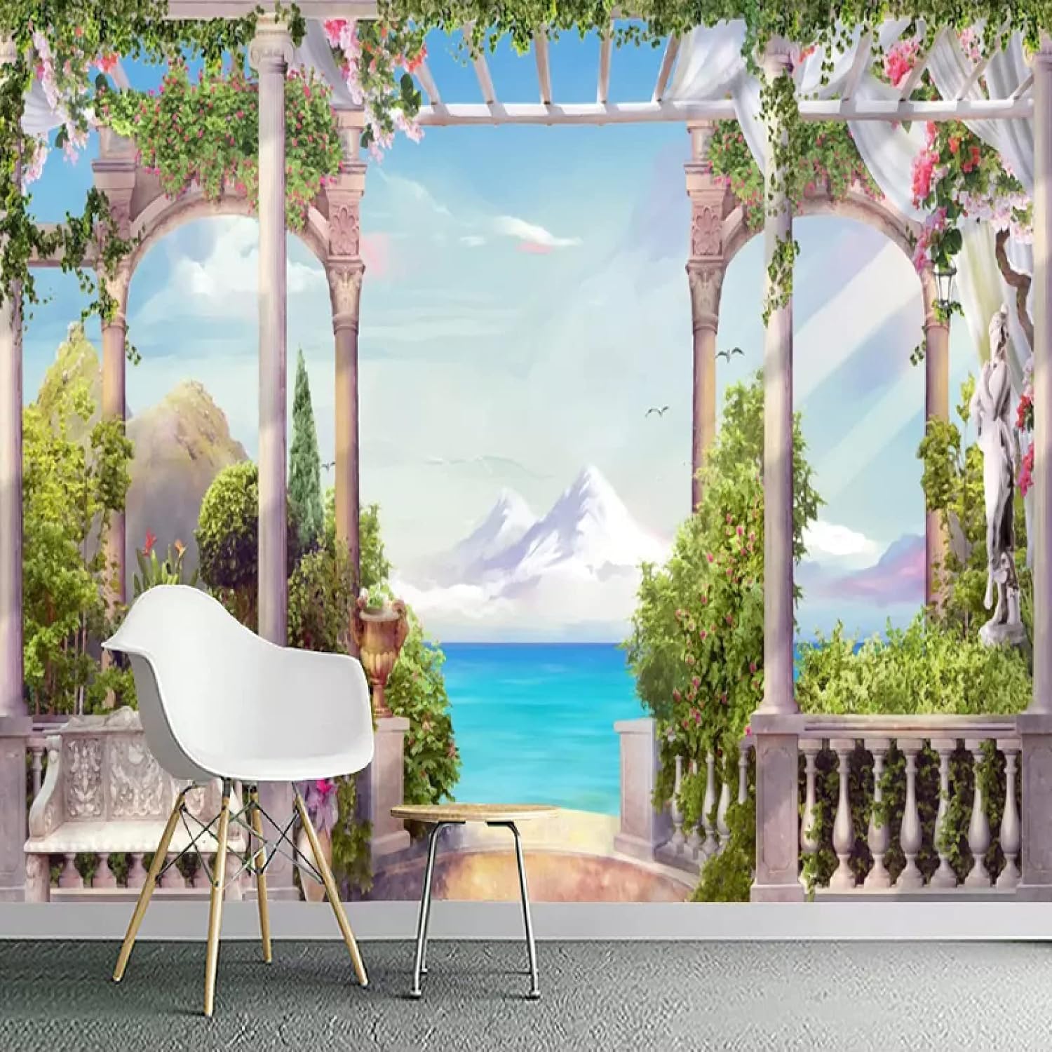 Papier peint paysage architectural 3D pour un salon moderne et spacieux