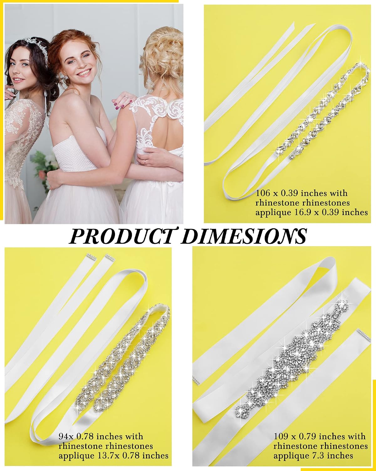 Jecery 3 Pieces Rhinestone Wedding Dress Belts for Bridal Sash