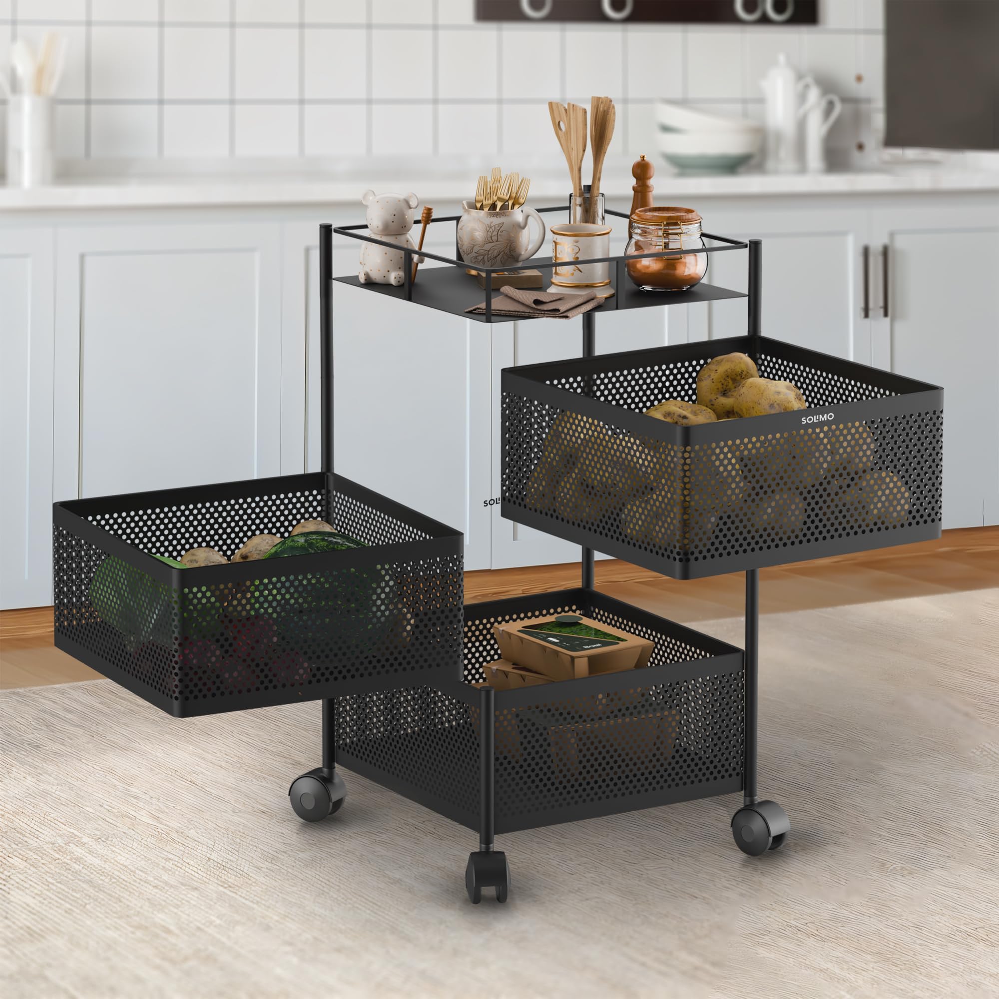 Amazon Brand - Solimo Storage Rack | 3-Layer Revolving Vegetable Kitchen Rack | Square Multipurpose Storage Trolley with Wheels | Metal Fruit Storage Rack | Kitchen Cabinet Spice Rack | Black
