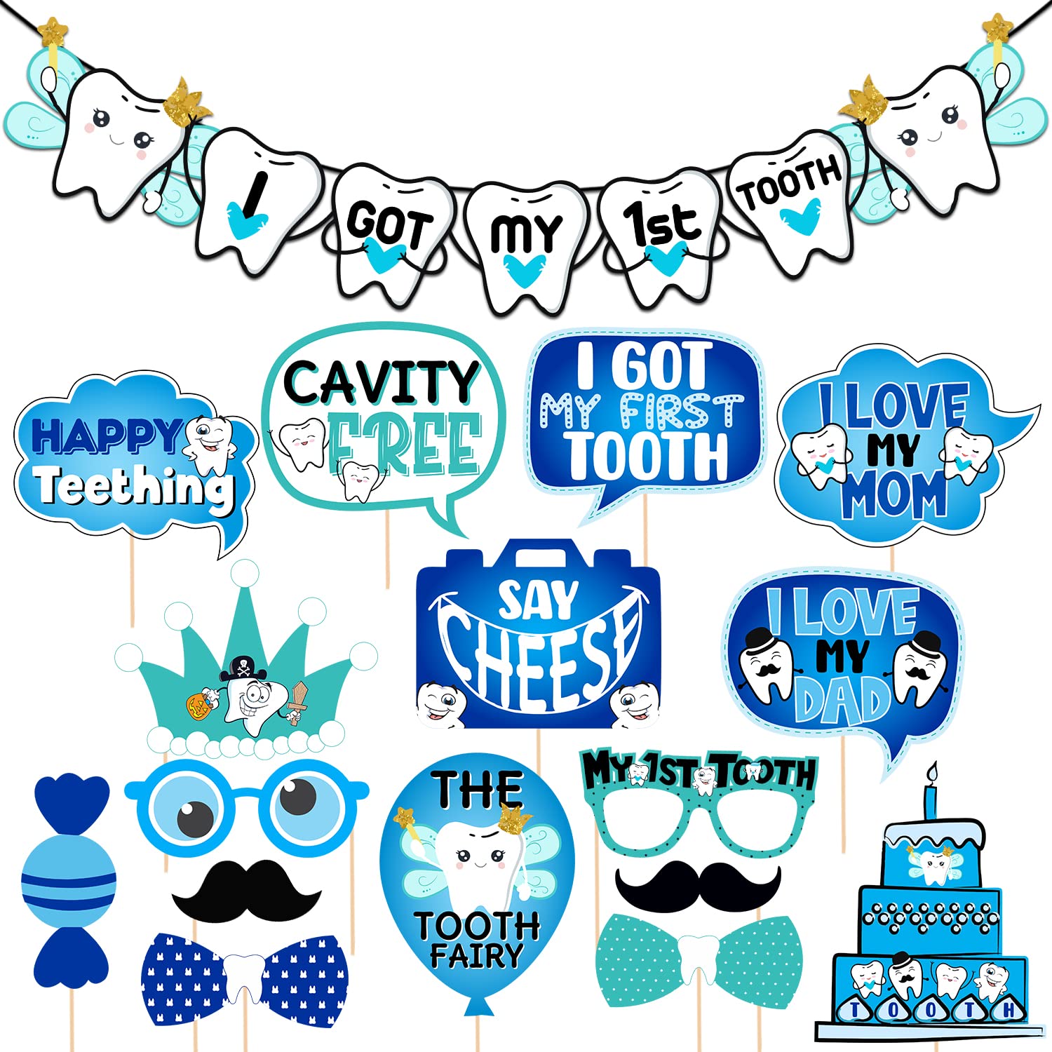 Zyozique 16 Pcs I Got My First Tooth Photo Booth Party Props 1 Set I Got My First Birthday Paper Banner/First Tooth Decoration/First Tooth Decoration Items for Baby (Pack of 17)