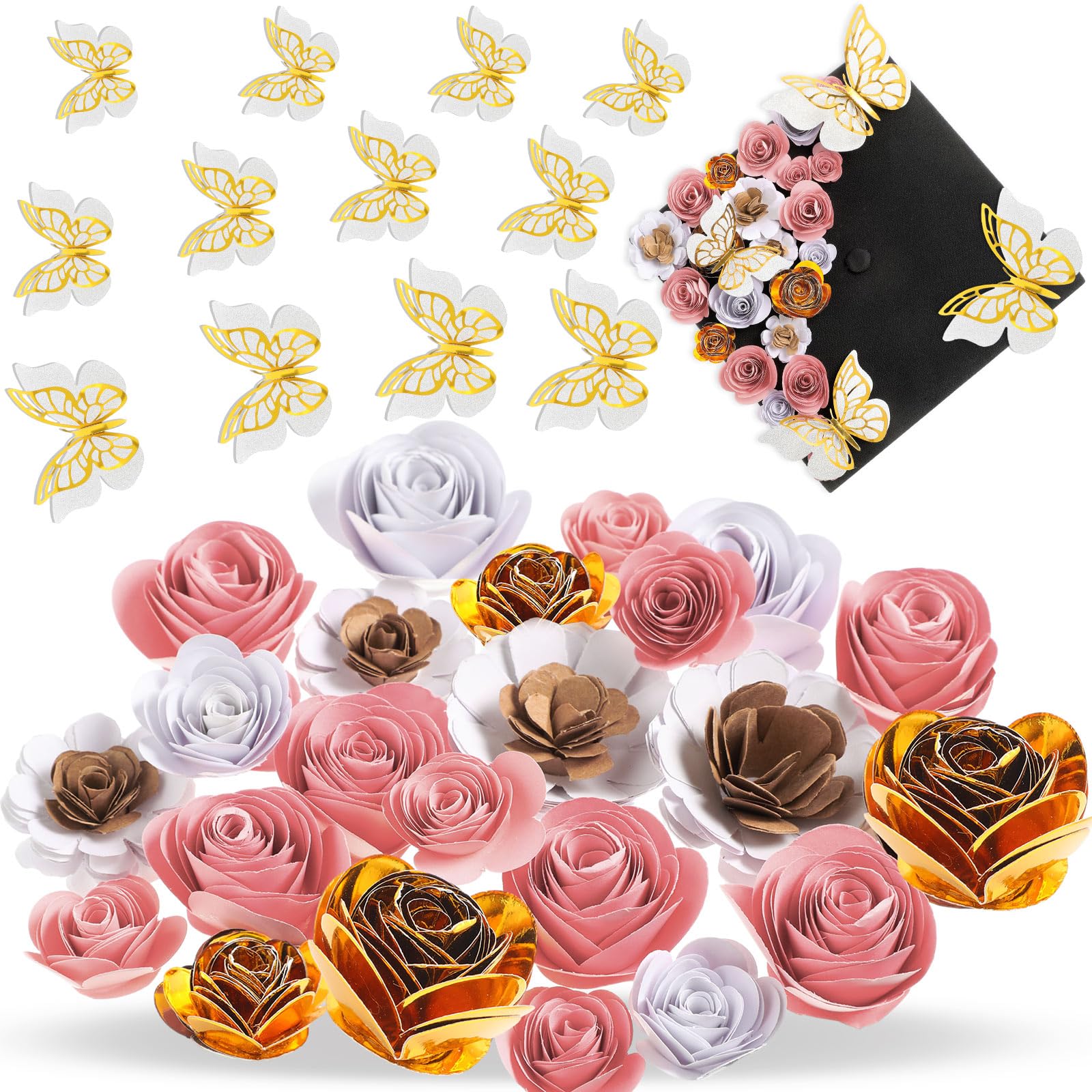 Dinifee 36 Pcs DIY Graduation Cap Decorations Accessory Kit Include Faux Paper Flower Heads 3D Butterfly Grad Cap Mini Paper Flowers Decorations for Grad Cap Topper DIY Graduation Gift(Pink, Gold)