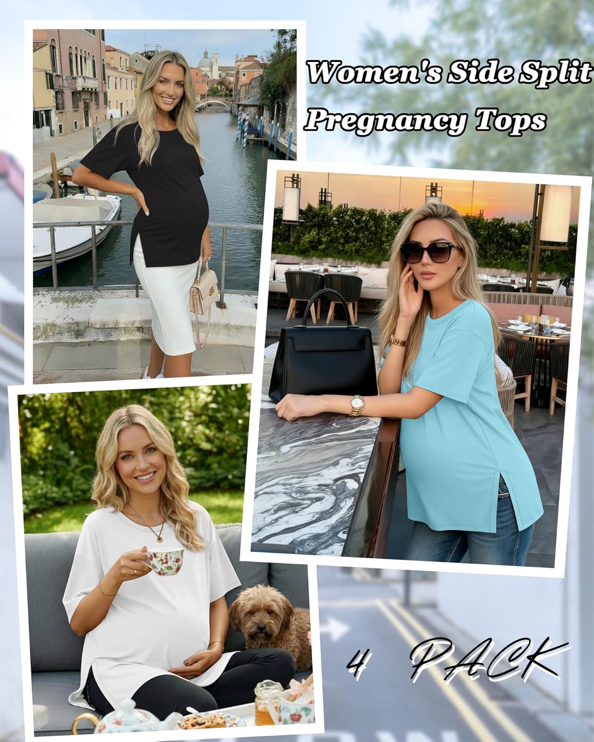 Riyiper 4 Pack Women's Maternity T Shirts, Short Sleeve Split Side Pregnancy Tee Tops Casual Loose Crewneck Maternity Clothes - Image 2
