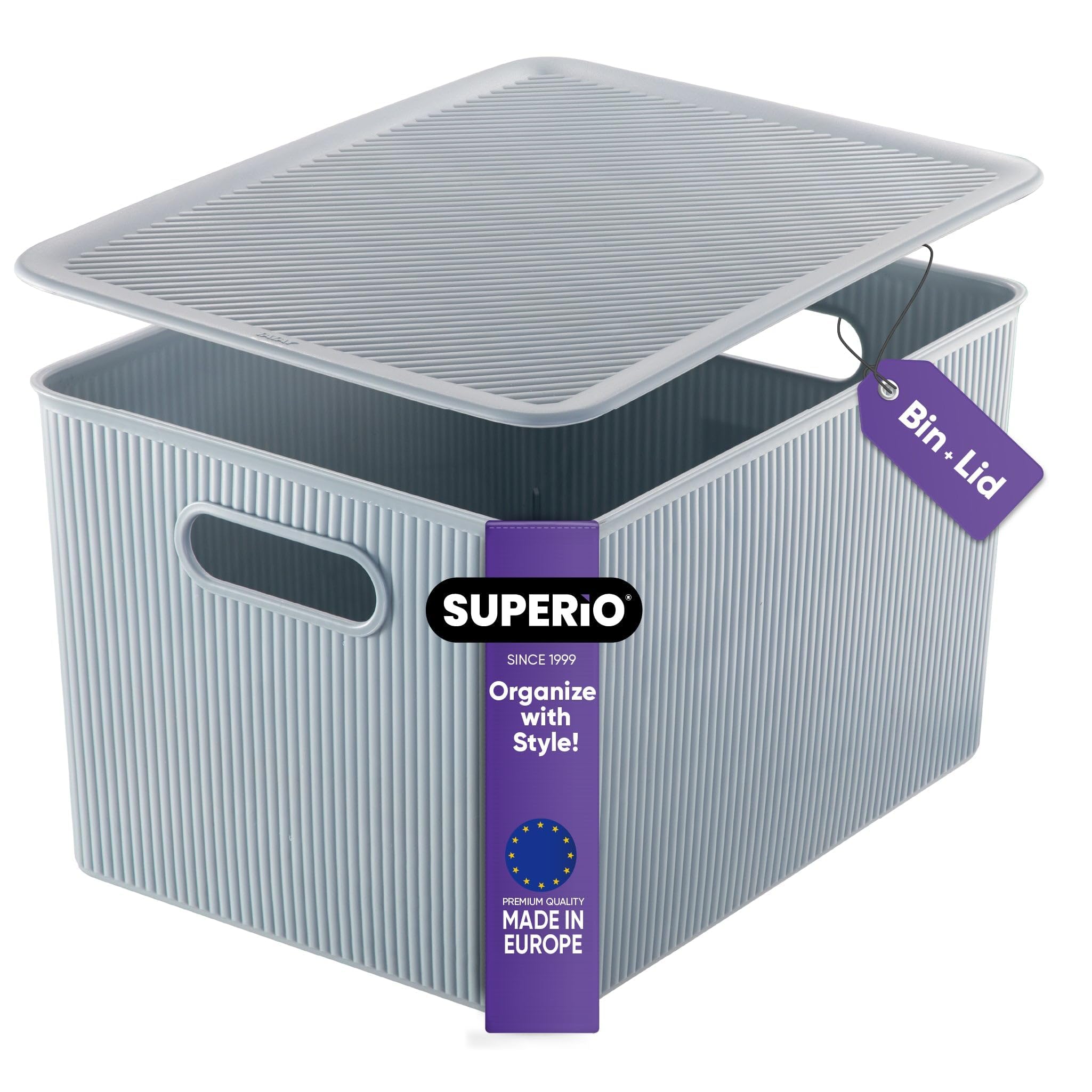 Superio Ribbed Collection - Decorative Plastic Basket Open Home Storage Bins Organizer, Blue Containers for Organizing Closet Storage Bins for Shelves (Bin with Lid- Extra Large (22 Liter), 1 Pack)