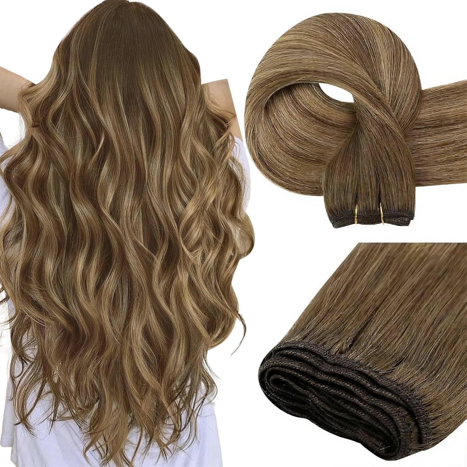Easyouth ExtensionTissage Cheveux Naturel Balayage Brun à Fraise Blond Ombre Brun Tissage Extensions Cheveux Humain Lisse #4/27/4 30cm 70g