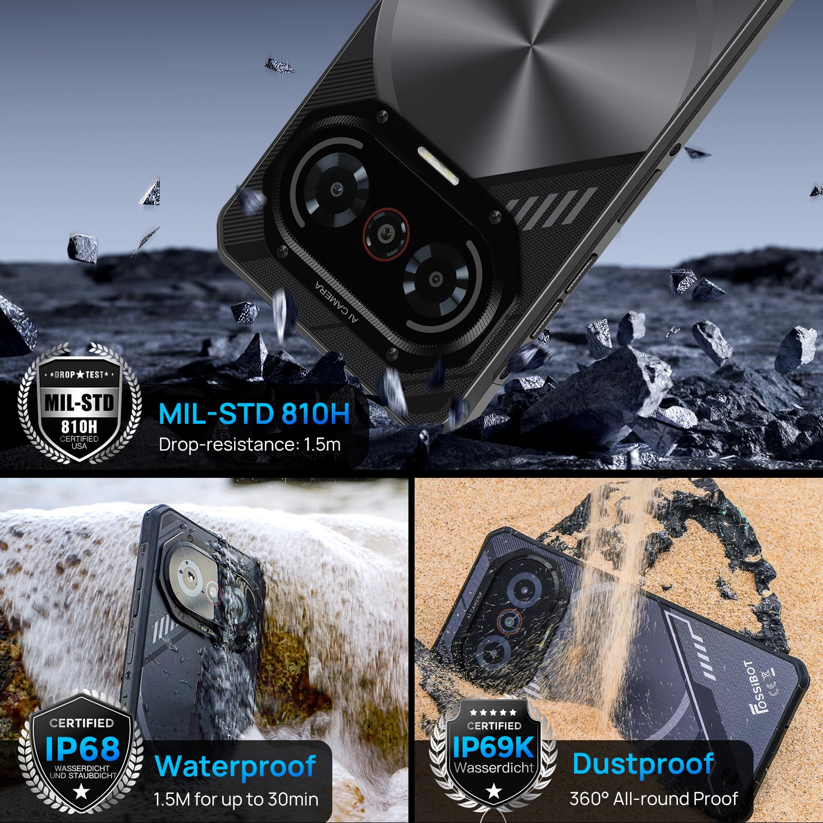 FOSSiBOT F114 Téléphone Portable Incassable Android 15, 16Go+128Go/2 to TF Smartphone, 50MP Caméra, 6,67'' HD Écran Musique Breathing Light Telephone de Chantier - Dual SIM/GPS/NFC/Face ID (Noir)