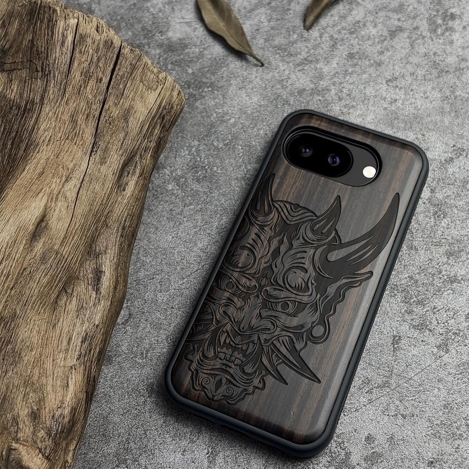 Carveit Magnetic Wooden Case for Google Pixel 10a Case, Wood Artisan Engraved & Soft TPU Shockproof Cover, Compatible with MagSafe Wireless Chargers (The Art of The Japanese Oni Mask) Blackwood