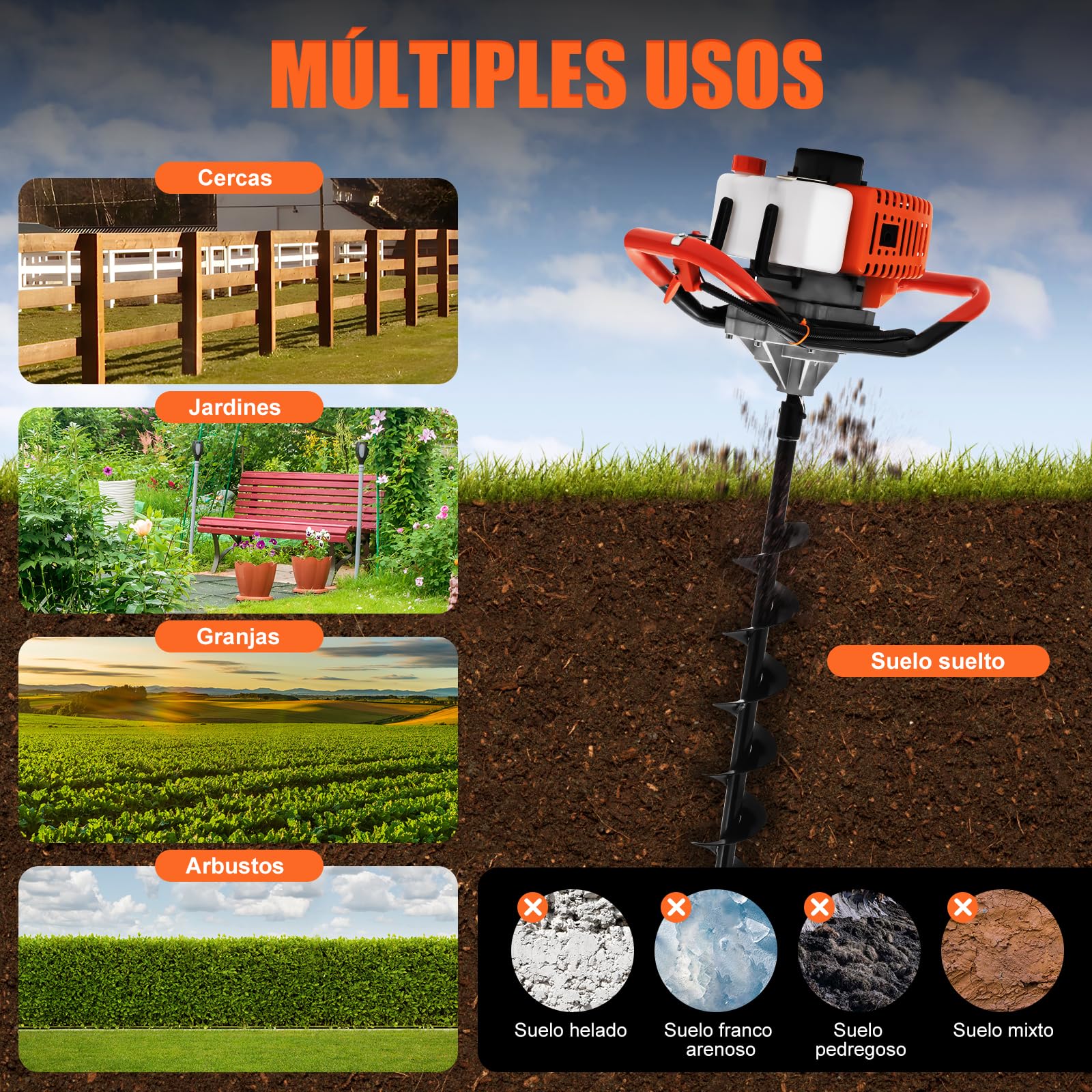 Ahoyadora Gasolina 52cc Motor Gasolina 2 Tiempos 6500-8500r/min Taladro de Jardin con 1 x Barra de extensión+3 x Taladros, Ahoyador de Gasolina para Flor Plantando árboles Arbustos
