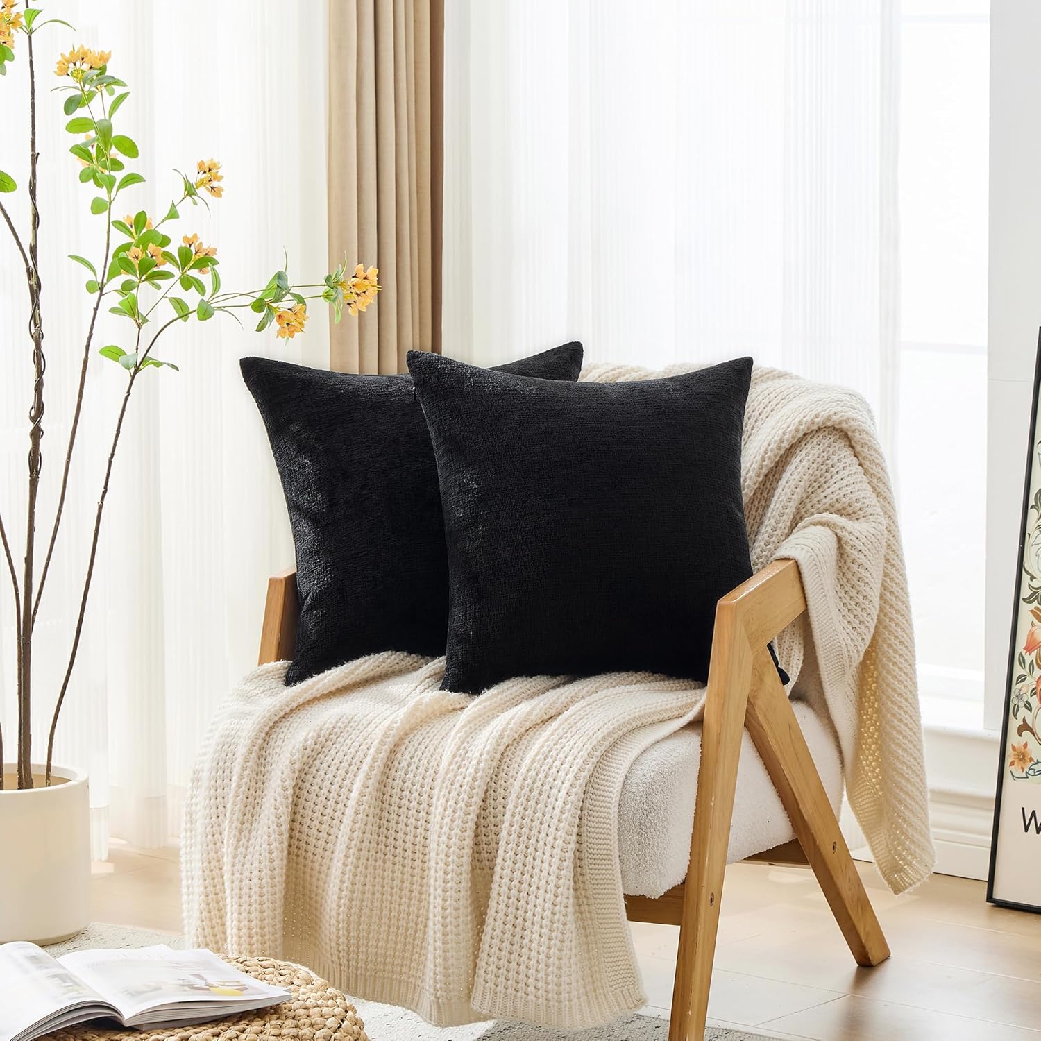 GAWAMAY Set of 2 Soft Textured Chenille Throw Pillow Covers 26x26 Inch (66x66 CM), Decorative Pillowcases Cushion Covers for Farmhouse Home Decor, Couch Living Room Sofa Bedroom Chair, Black