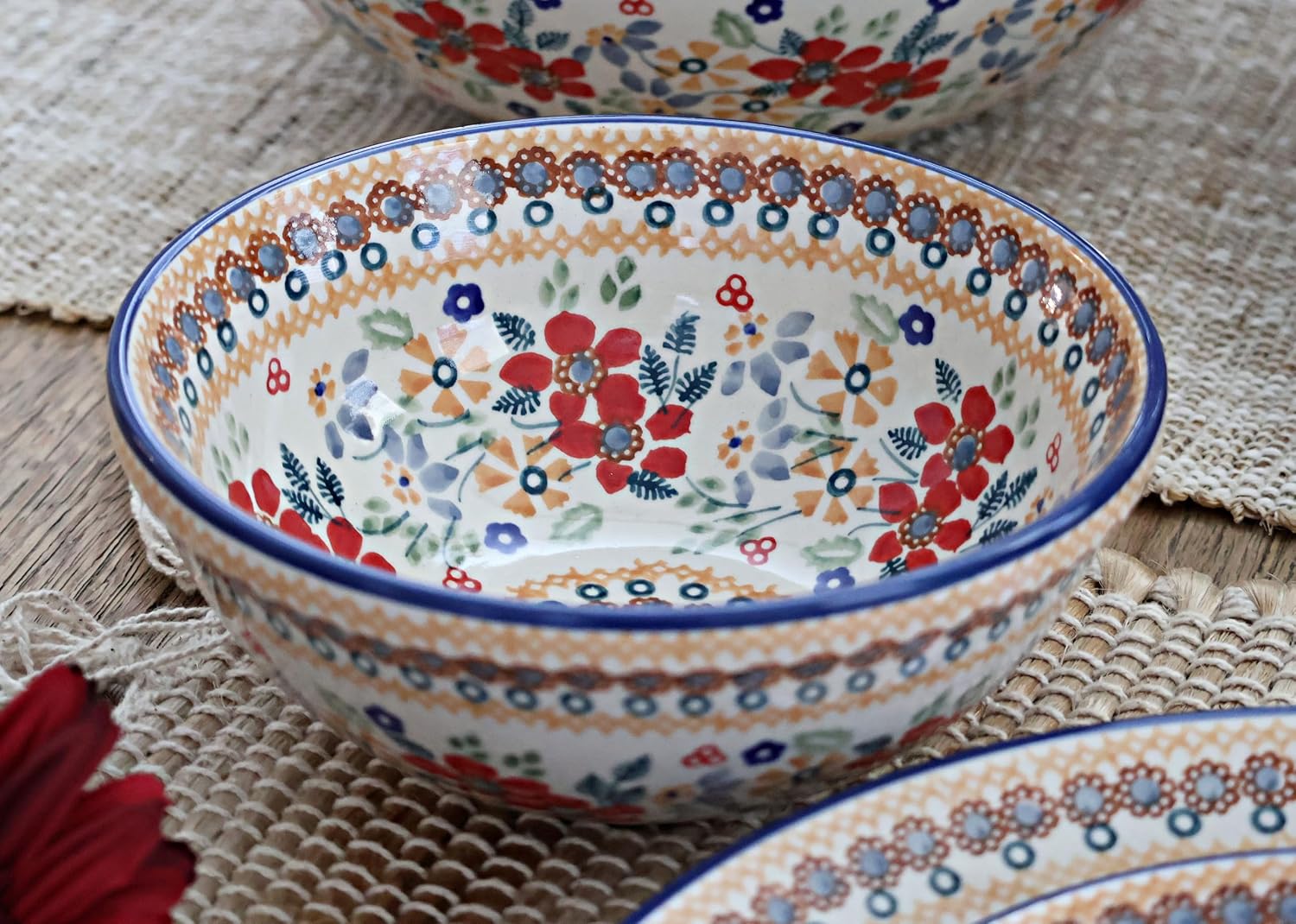 Blue Rose Polish Pottery - Red Daisy Cereal/Soup Bowl - 6.5" Diameter - Great Bowl for Everyday Dinnerware, Casual Dinnerware, or Formal Dining