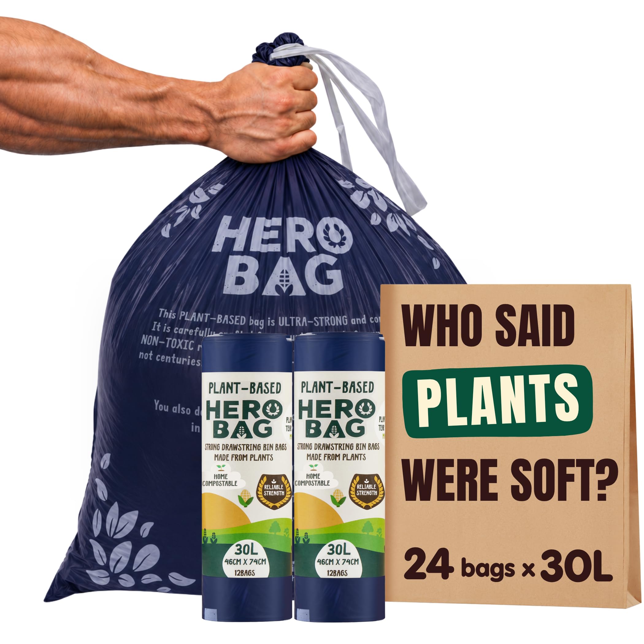 HERO BAG 30L Plant-Based Heavy Duty Bin Bags with Drawstring (24 Bags) | Extra Strong, No Leaks, Biodegradable, Compostable, Vegan Cruelty Free