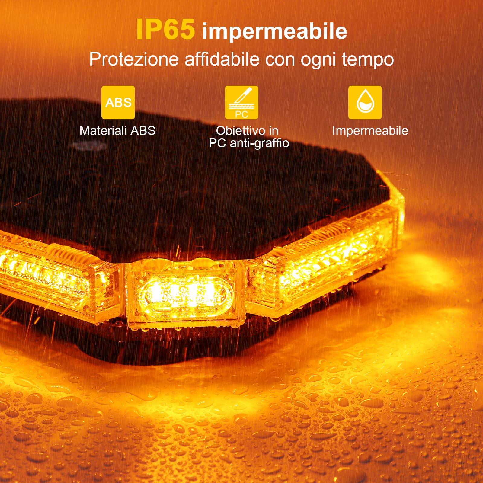 Lampeggiante Arancione a 70 LED con Magnete - Luce di Avvertimento 12V 24V, Cavo da 4,8 m, Impermeabile IP65, 20 Modalità per Camion, Attrezzature Edili, Agricoltura