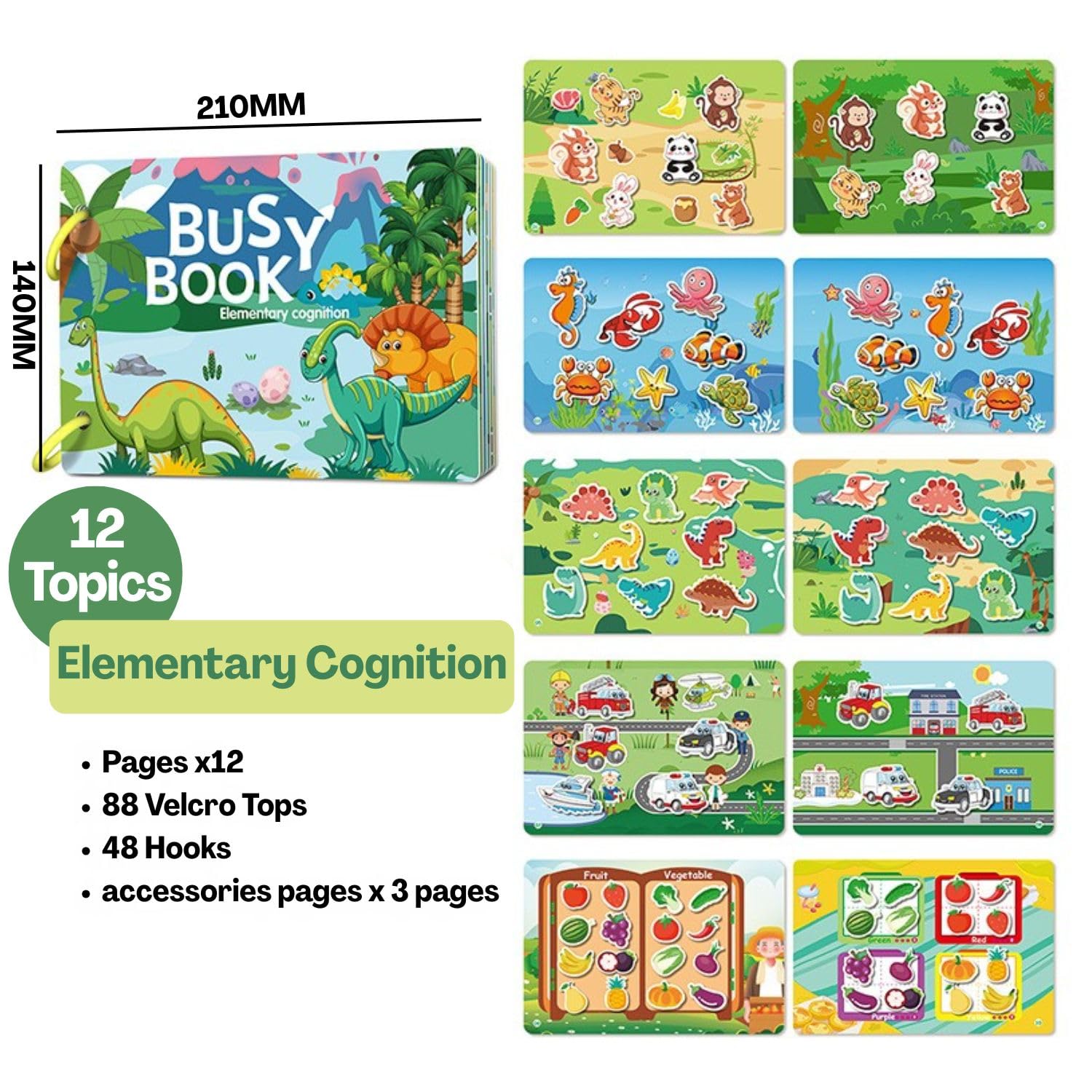 BendJoy® Dinosaur Busy Binder Book for Toddlers 1-3 | Interactive Learning Busy Book, Mess-Free Quiet Play Mess-Free & Reusable | Montessori & Cognitive Skills | Portable Travel Toy