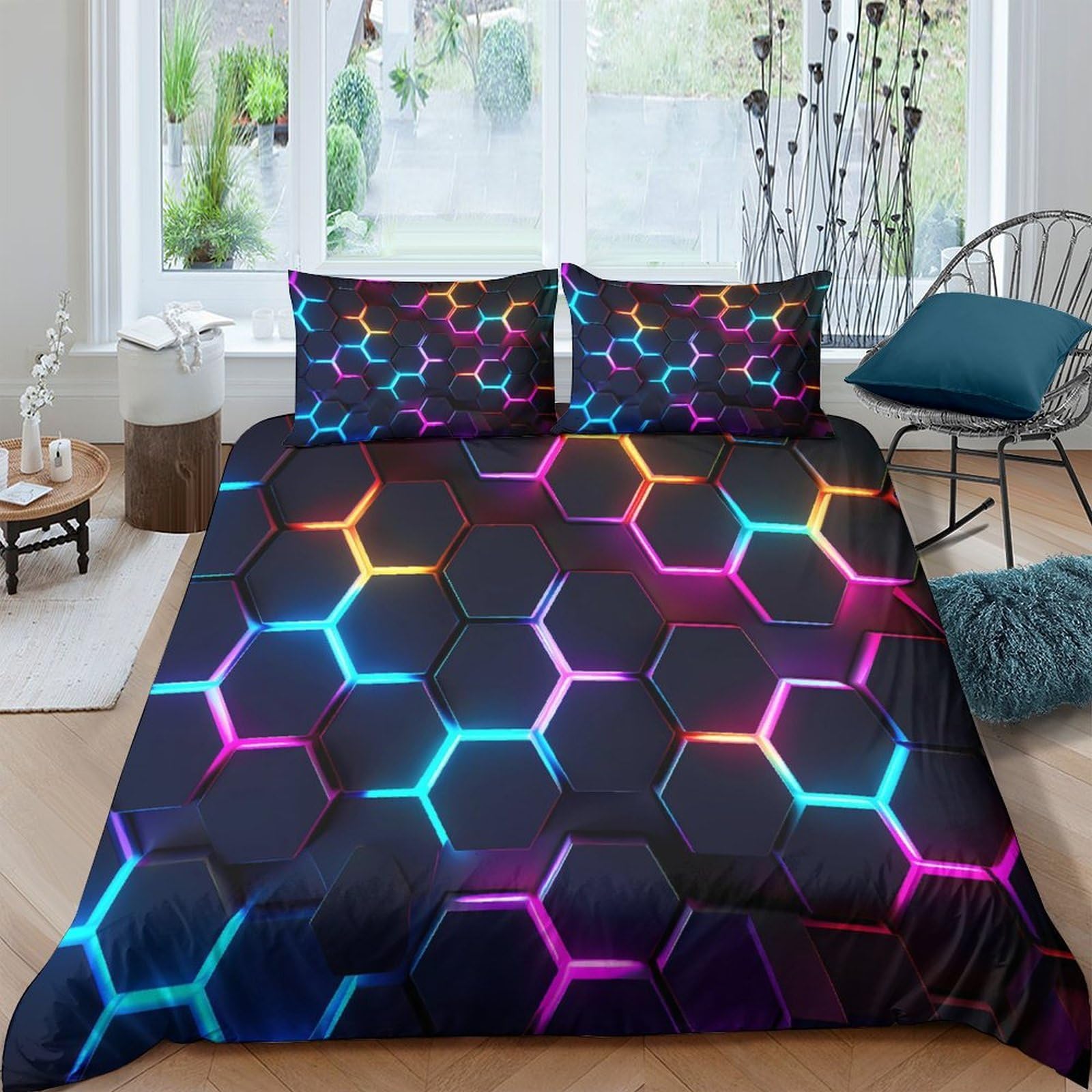 Ctjqhvkz Style-1 3D Printed Neon Hexagon Fitted Sheet Microfiber Soft Breathable Geometric Bed Cover For Bedroom Dorm Decor Single（135X200cm）