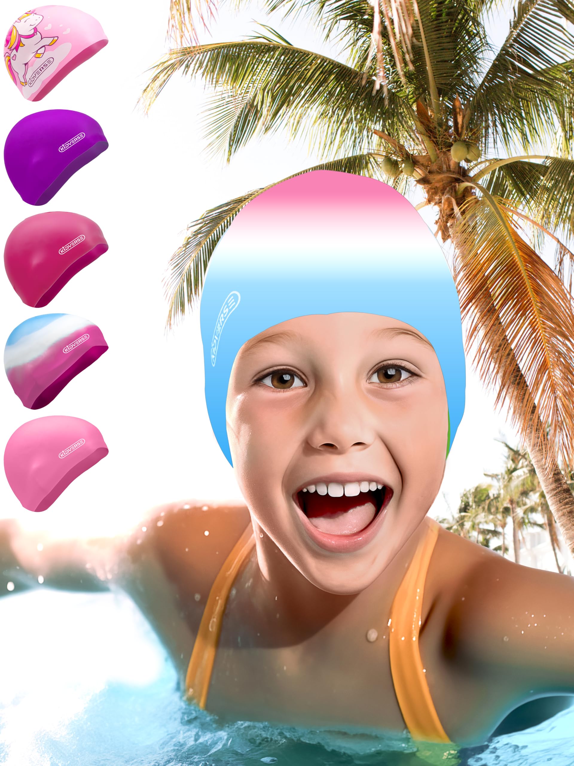 KIDVERSE Waterproof Kids Swimming Cap for Girls Swim Hat with Anti-Slip Grips - Comfortable Silicone Swim Cap Girls - Childrens Swimming Hat Kids with UV Protection