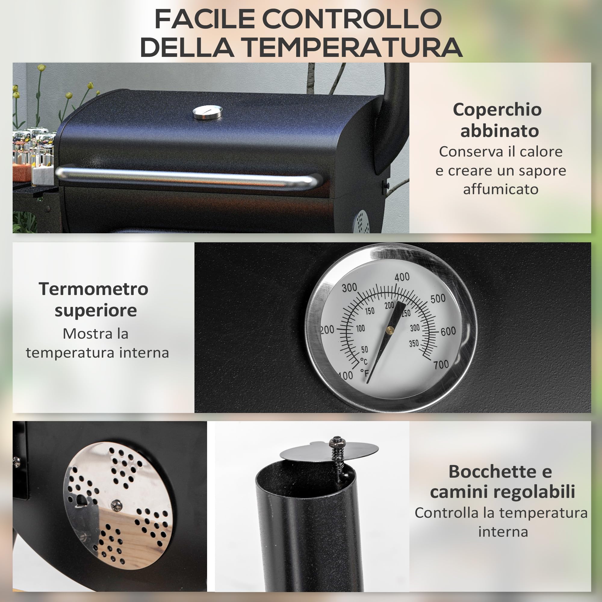 Outsunny Barbecue a Carbone con Coperchio, Termometro, Camino, BBQ, Nero | Ripiani, Ruote Integrate