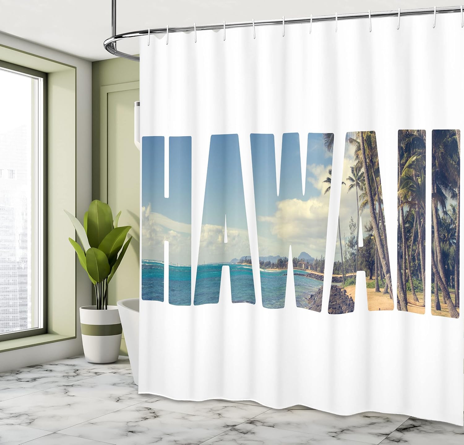 Ambesonne Hawaiian Shower Curtain, Word Hawaii with Tropical Island Photo Exotic Popular Places Palm Forest by Ocean, Cloth Fabric Bathroom Decor Set with Hooks, 69" W x 70" L, Blue White