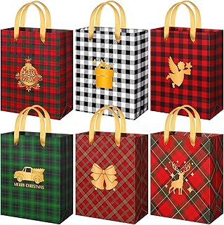 12 Pcs Christmas Gift Bags with Ribbon Handles, Christmas Holiday Bulk Bags with Christmas Prints, Christmas Goody Treat Bags for Xmas New Year Winter Party Favors, 9 x 7 x 4 In (Buffalo Plaid)