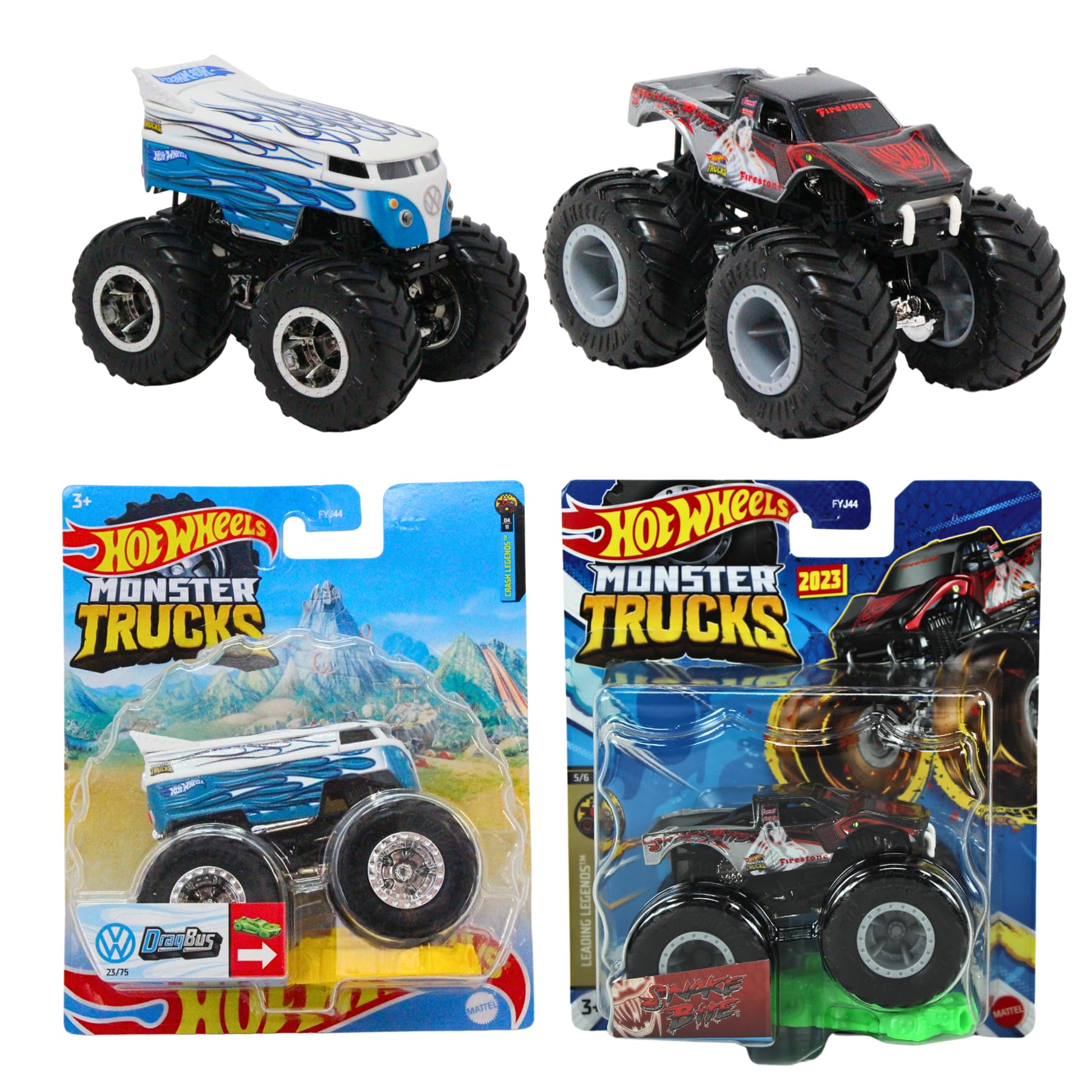 Hot Wheels Monster Trucks - 1:64 Scale Diecast - DragBus & Snake Bite - Twin Pack
