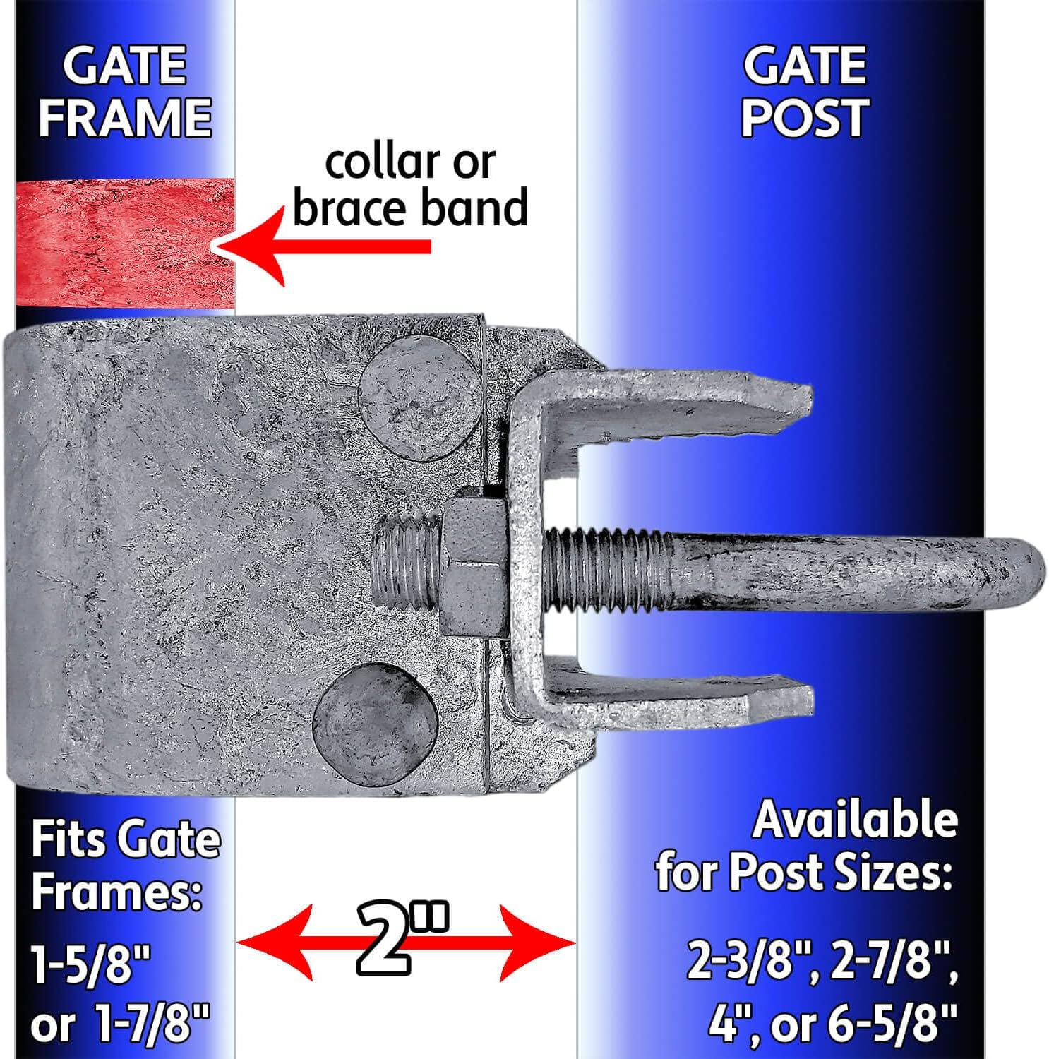 Chain Link Fence "Bull Dog" Commercial Duty Gate Hinge-for 3-1/2" Outside Diameter Gate Post/Pipe & 1-5/8" thru 1-7/8" Gate Frames-Galvanized Chain Link Post Gate Hinge -includes Nuts/Bolts (2 PACK)